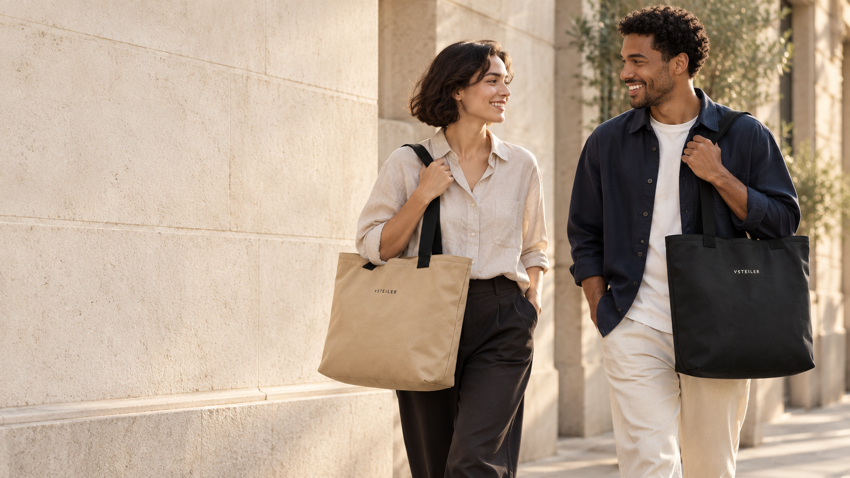 A woman and a man walking, each carrying a VSTEILER Everyday Tote.